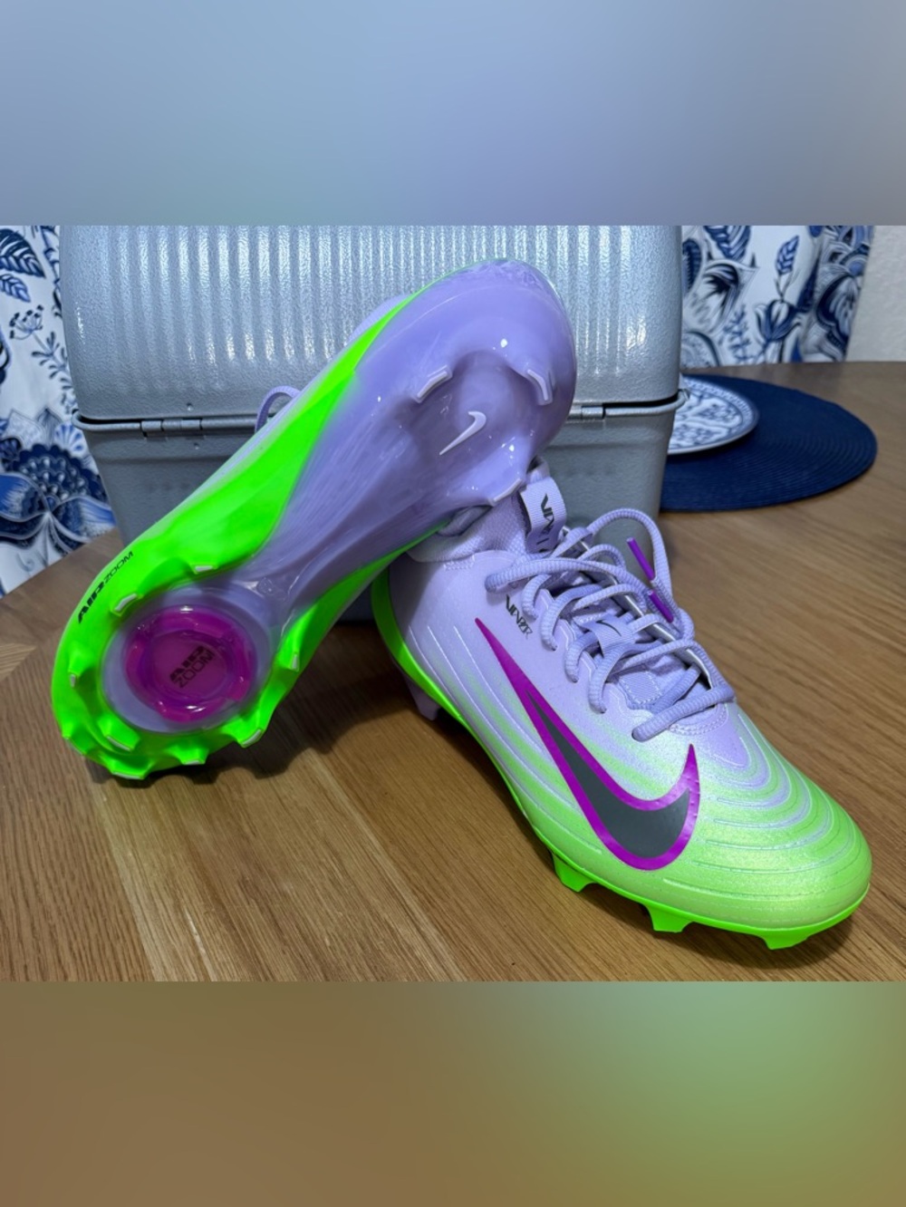 Nike Vapor soccer cleats in Lavender and Neon Green